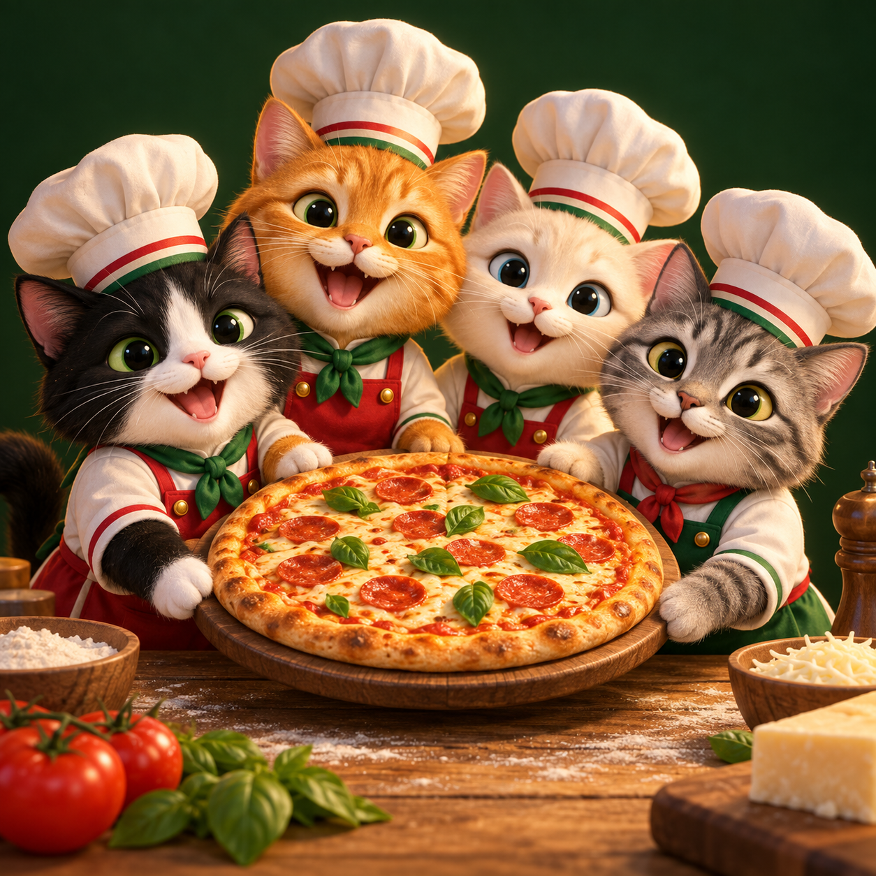 Os quatro gatos chefs da MiauPizza